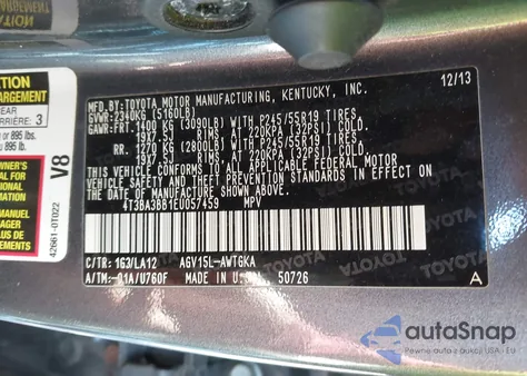 2014 Toyota Venza Xle из США, поврежденный, VIN 4T3BA3BB1EU057459